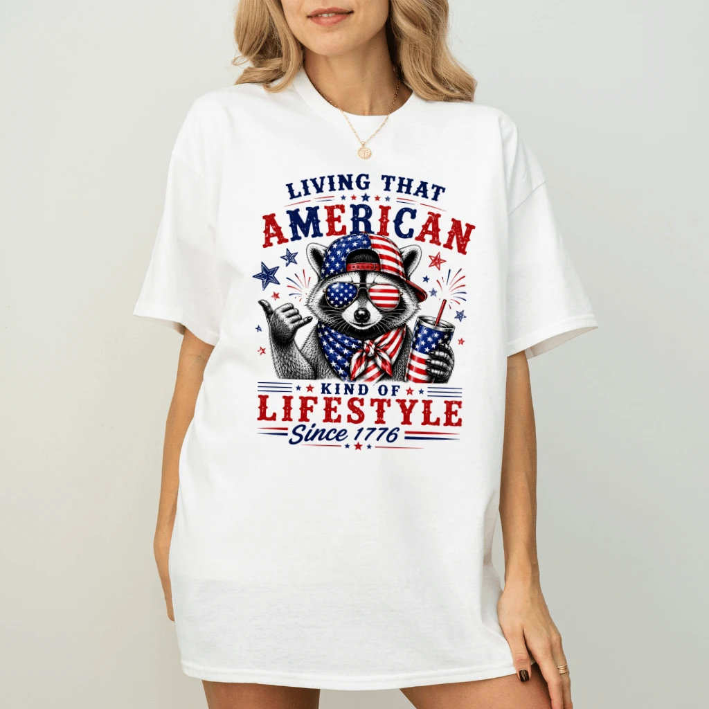 Humor American Raccoon T-Shirt - Funny Raccoon 1776 Patriotic Gift for Him & Her - detail view