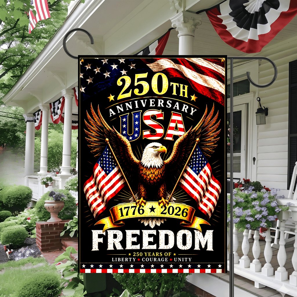 250th Anniversary USA Patriotic Eagle Garden Flag - 250 Years of Freedom House Banner - Independence Gift for Him & Her - detail view