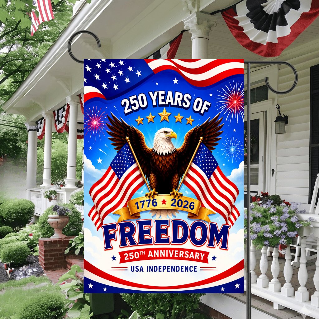 250 Years Of Freedom USA Garden Flag - Patriotic Eagle House Banner - Independence Gift for Him & Her - detail view