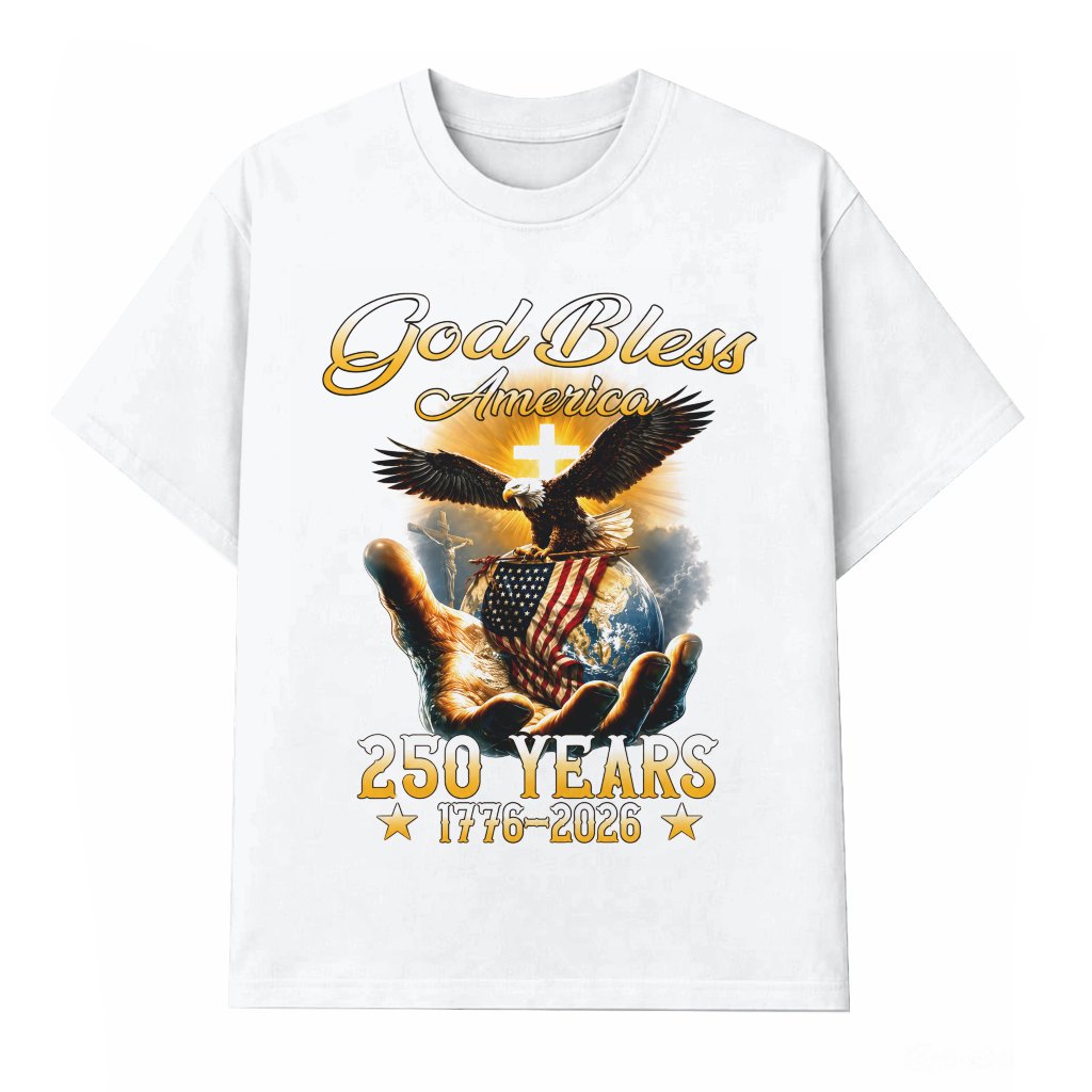 God Bless America 250 Years T-Shirt - 1776 2026 Christian 4th of July Gift for Him & Her - front view