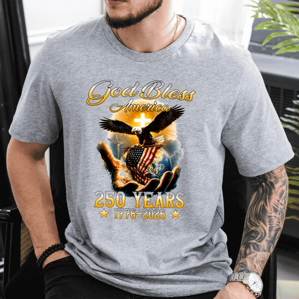 God Bless America 250 Years T-Shirt - 1776 2026 Christian 4th of July Gift for Him & Her - detail view