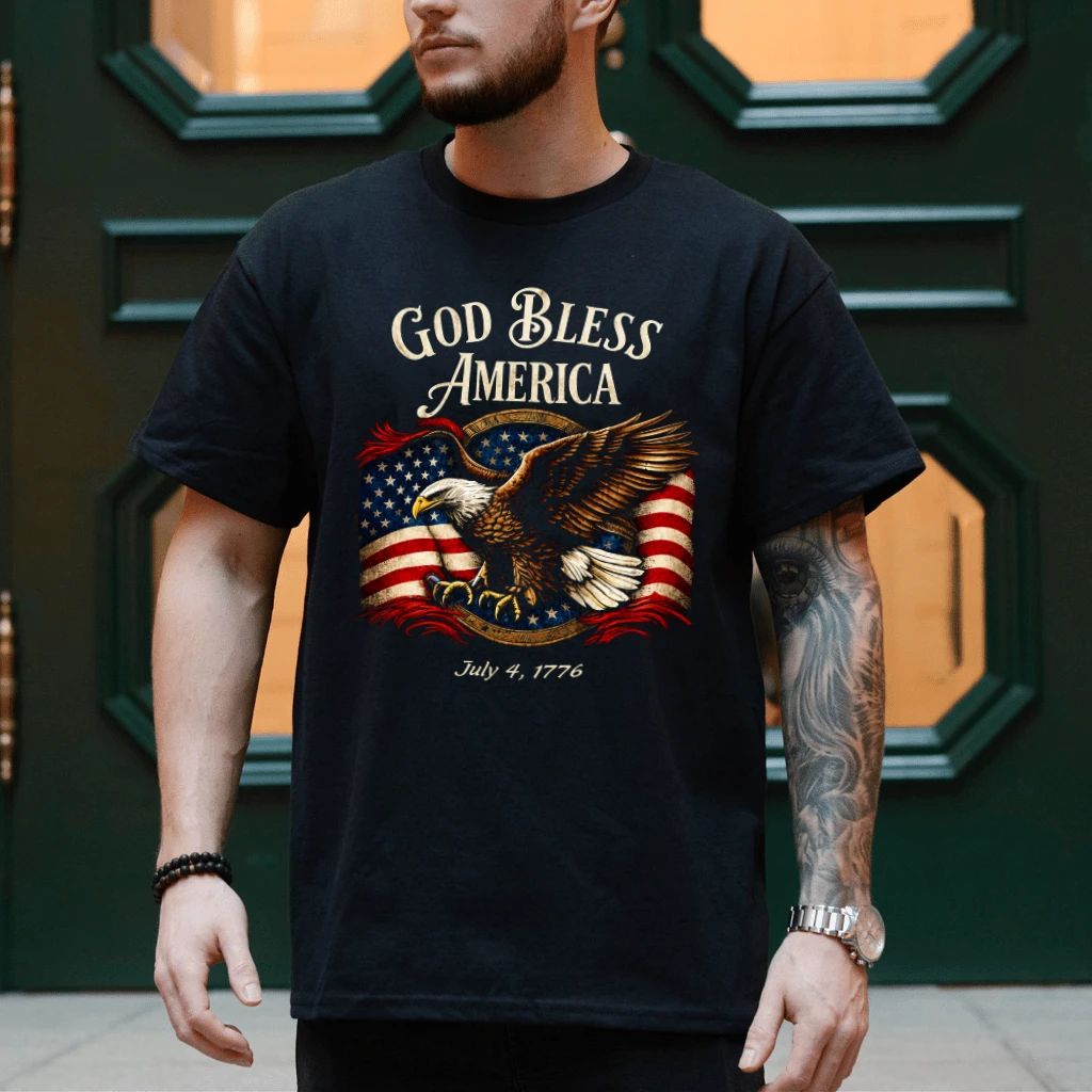 God Bless America 4th of July 1776 T-Shirt - Patriotic Eagle Gift for Him & Her - detail view