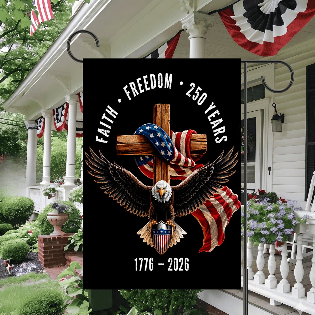 Faith Freedom 250 Years 1776-2026 Christian Cross Garden Flag- 4th of July Gift for Religious Believer - detail view