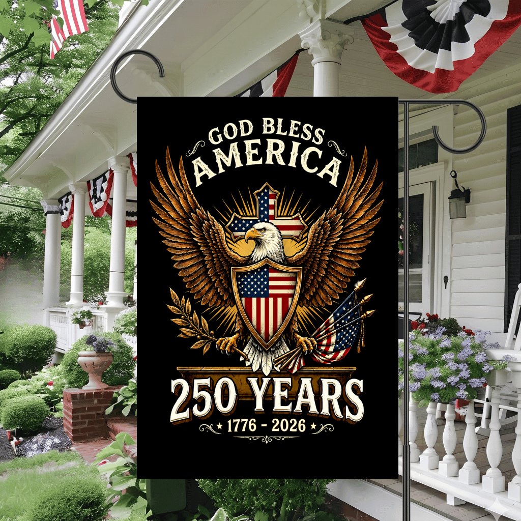 God Bless America 1776 2026 250 Years Christian Flag - Patriotic Eagle Gift for House Decoration - detail view
