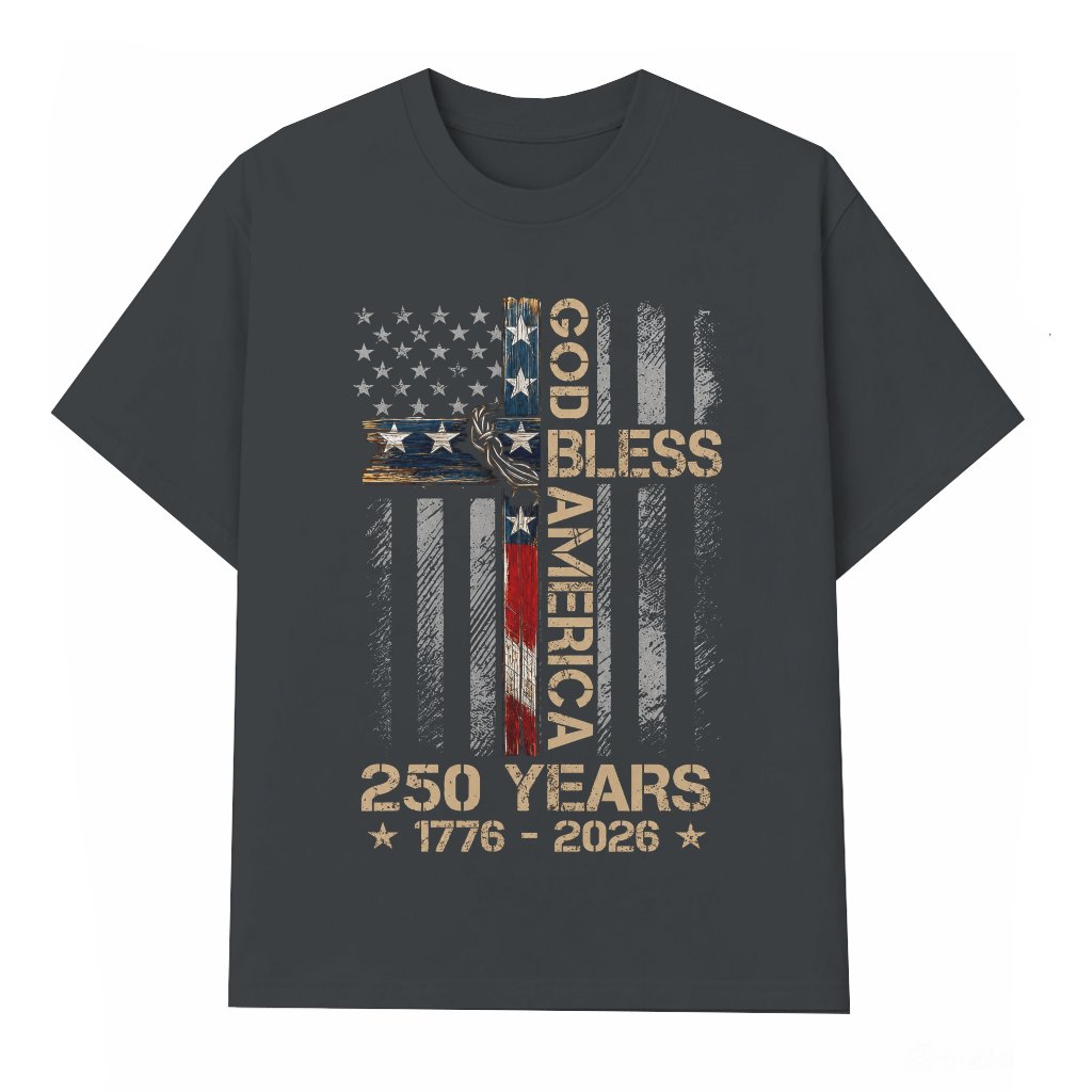 God Bless America Christian Cross Flag Unisex T-Shirt - 250 Years Independence Gift for Him & Her - front view