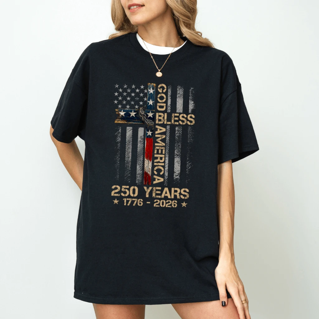 God Bless America Christian Cross Flag Unisex T-Shirt - 250 Years Independence Gift for Him & Her - back view