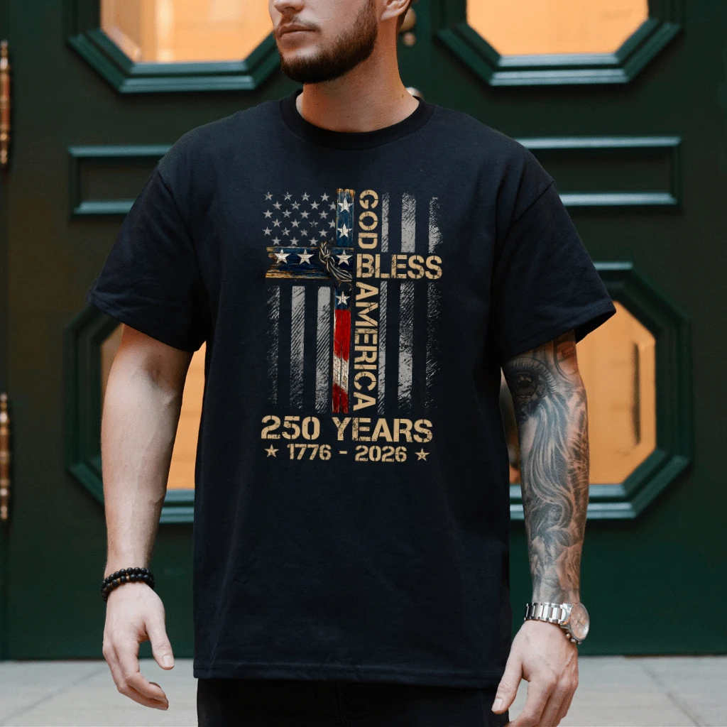 God Bless America Christian Cross Flag Unisex T-Shirt - 250 Years Independence Gift for Him & Her - detail view