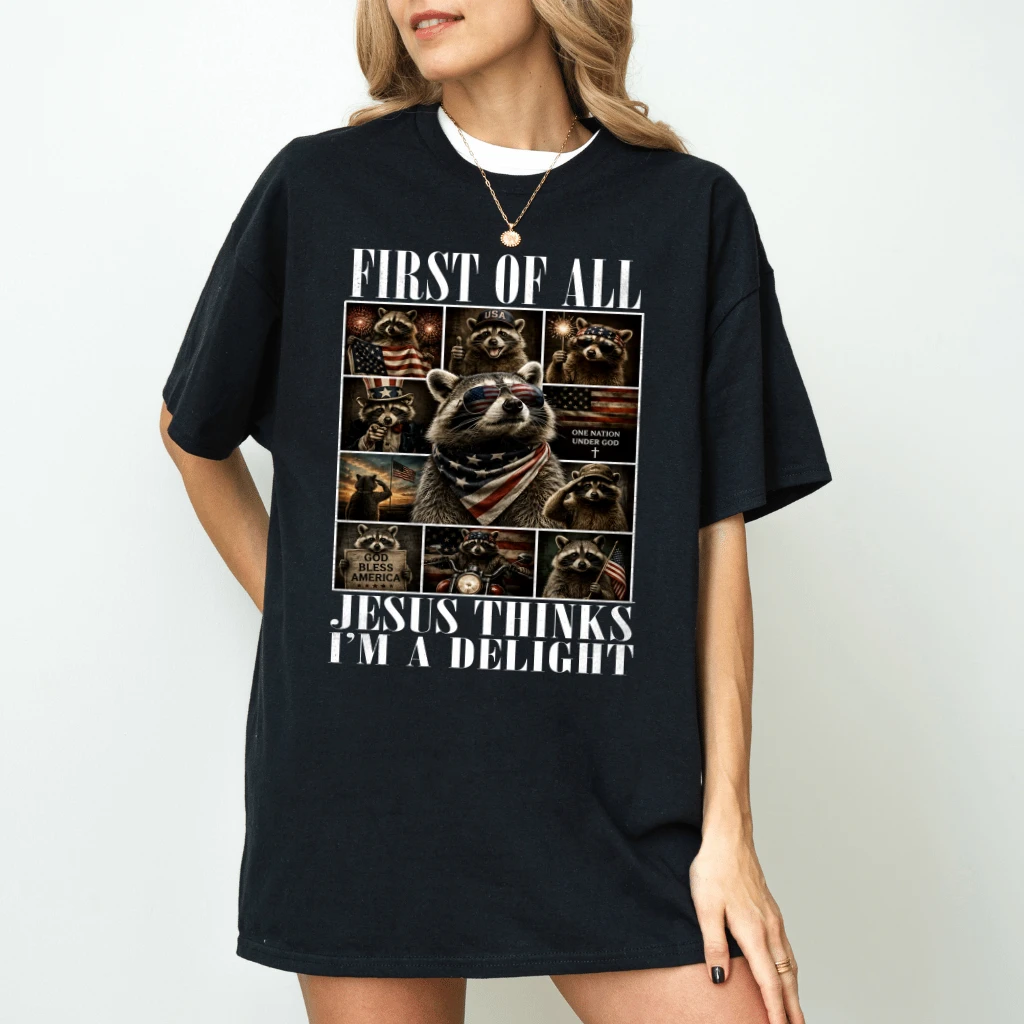 Jesus Thinks I'm A Delight Funny Raccoon T-Shirt - God Bless America Patriotic Gift for Raccoon Lover - back view