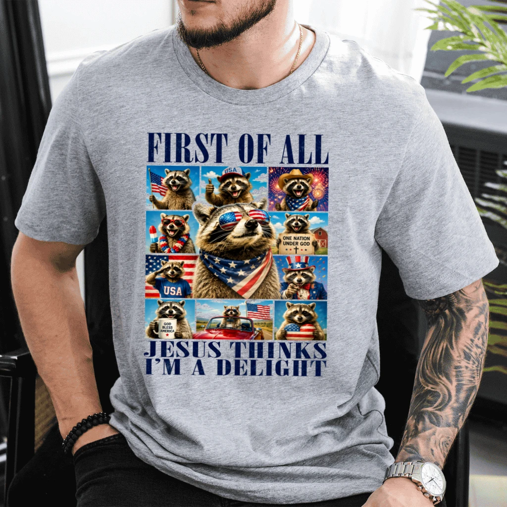 Funny USA Patriotic Raccoon T-Shirt - Humor Christian Raccoon Bible Gift for Him & Her - detail view