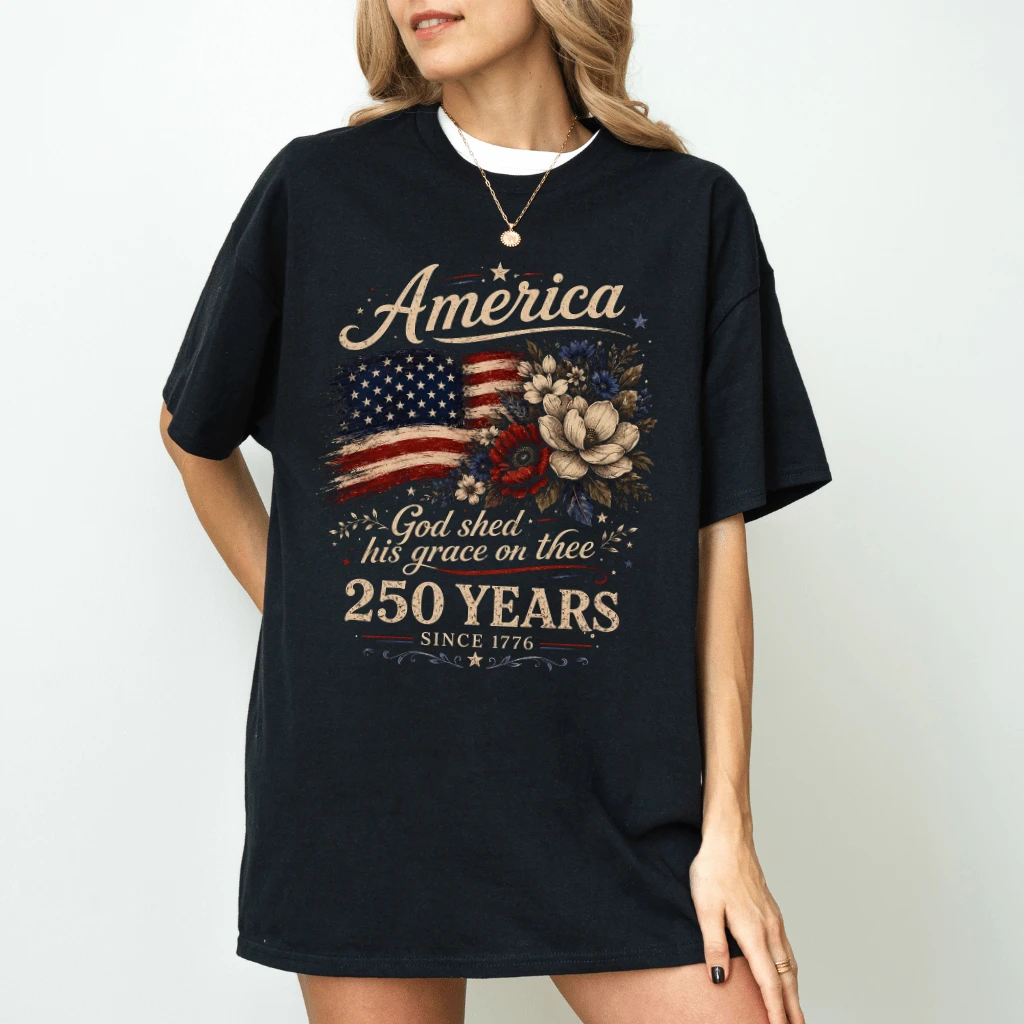 America 250 Years Floral Flag T-Shirt - 4th Of July Patriotism Gift for Her - back view