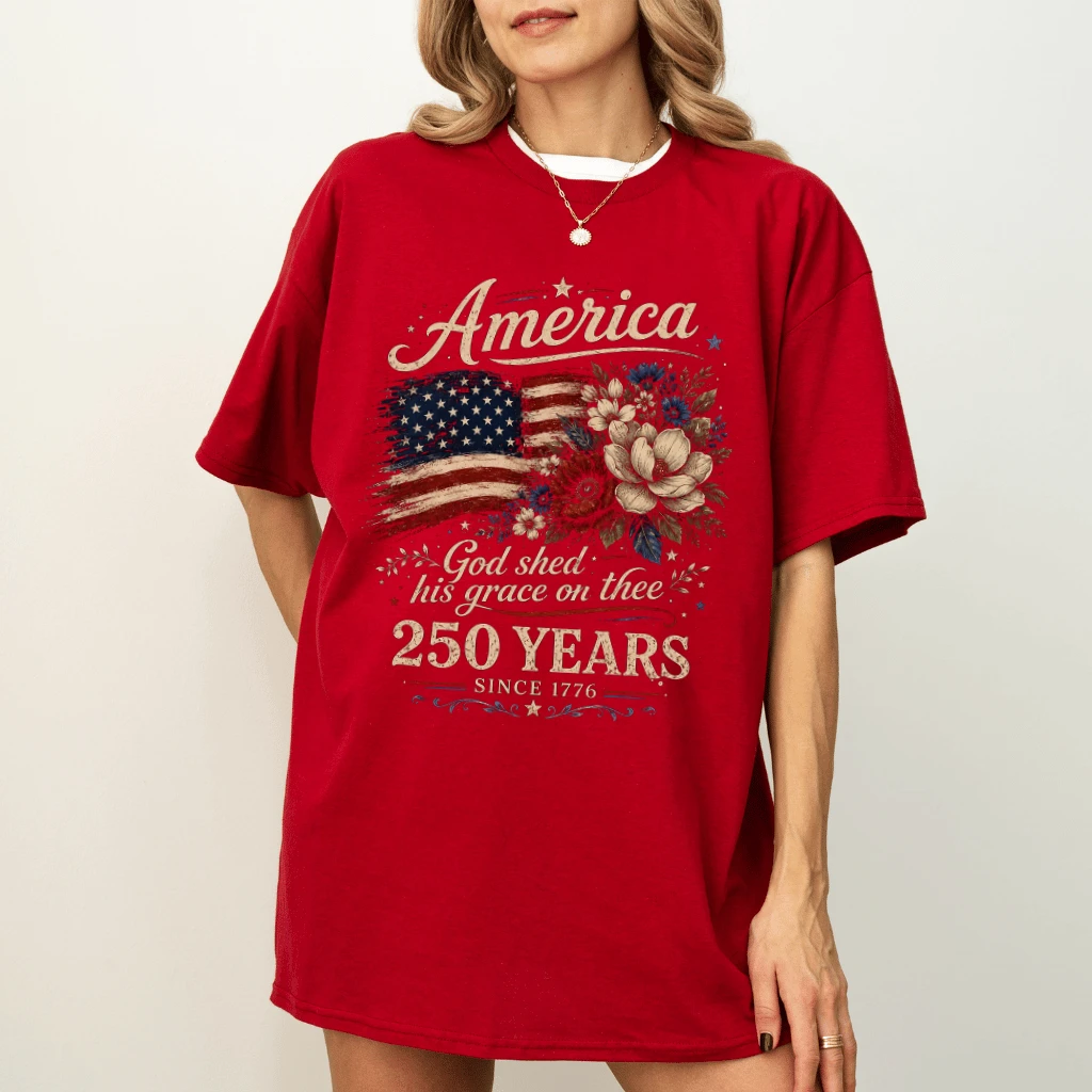 America 250 Years Floral Flag T-Shirt - 4th Of July Patriotism Gift for Her - detail view