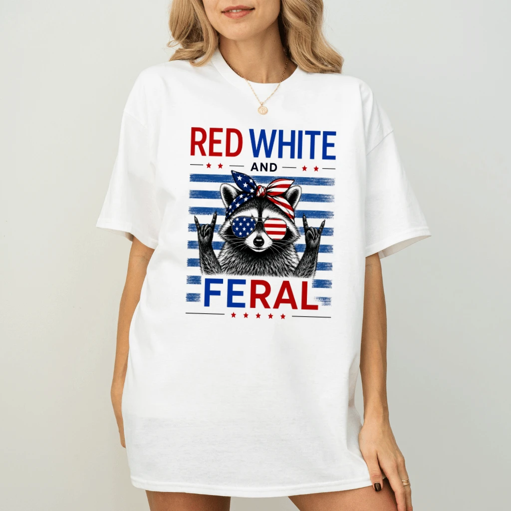 Red White and Feral USA Patriotic Raccoon T-Shirt for women - Independence Gift for Raccoon Lover - back view