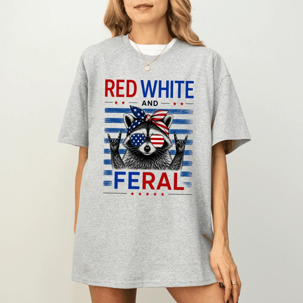 Red White and Feral USA Patriotic Raccoon T-Shirt for women - Independence Gift for Raccoon Lover - detail view