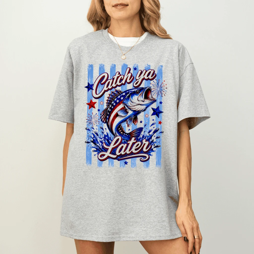 Blue Striped Catch Ya Later Cute Patriotic Fishing T-Shirt - Funny Fishing 4th of July Gift for Him & Her - detail view