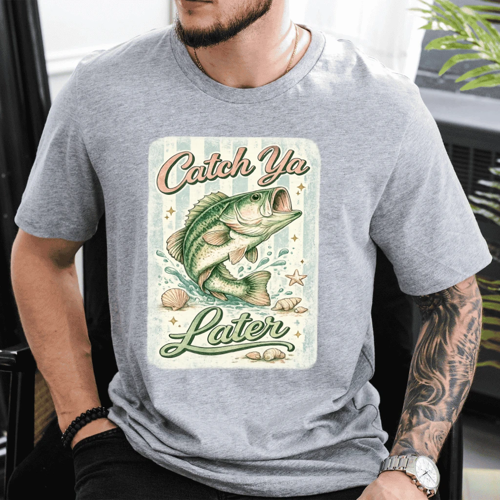 Catch Ya Later Retro Bass Fishing T-Shirt - Summer Vibes Gift for Fishing Lover - detail view
