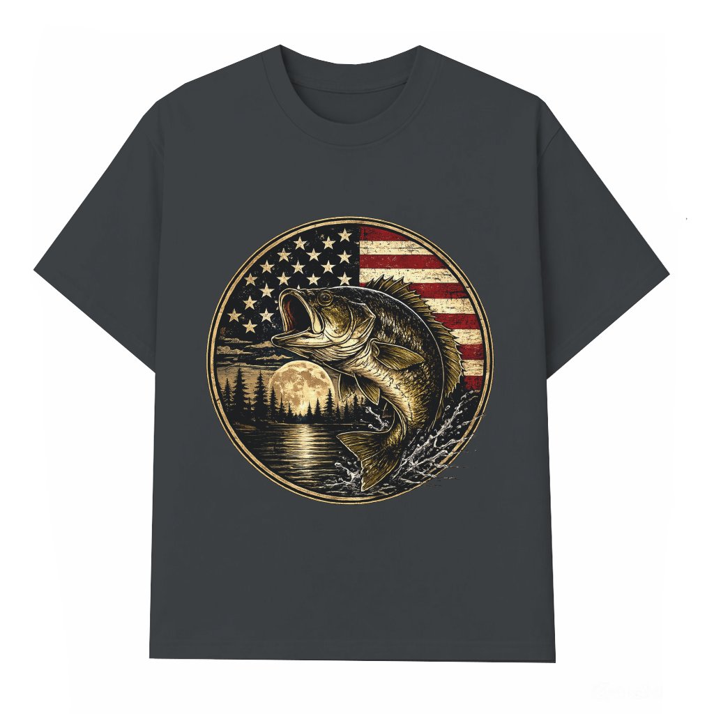 Patriotic Bass Fishing American Flag T-Shirt - Cool Fathers Day Gift for Fishing Lover - front view