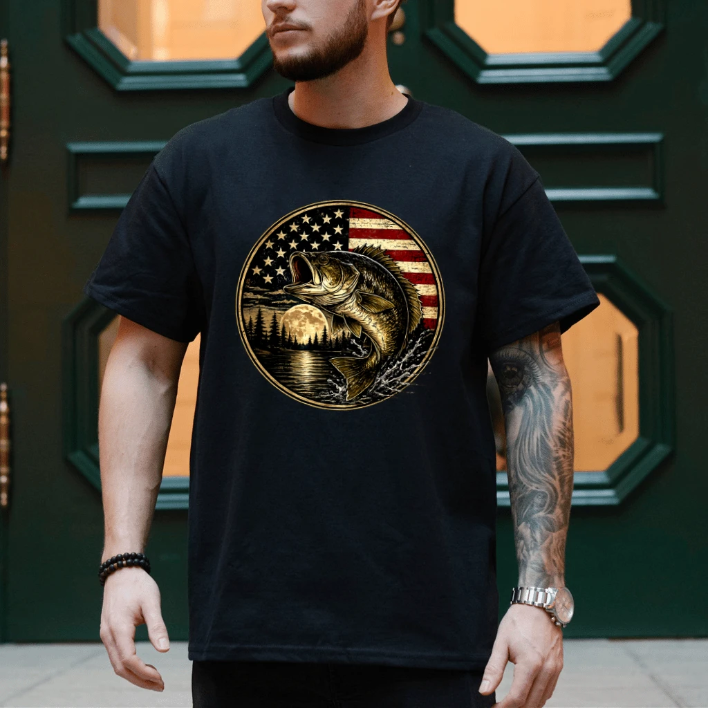 Patriotic Bass Fishing American Flag T-Shirt - Cool Fathers Day Gift for Fishing Lover - back view