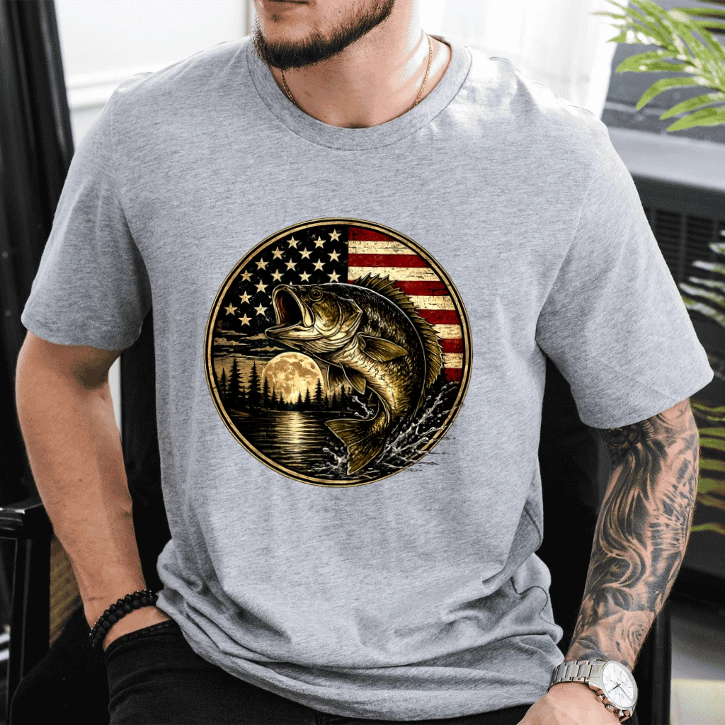 Patriotic Bass Fishing American Flag T-Shirt - Cool Fathers Day Gift for Fishing Lover - detail view