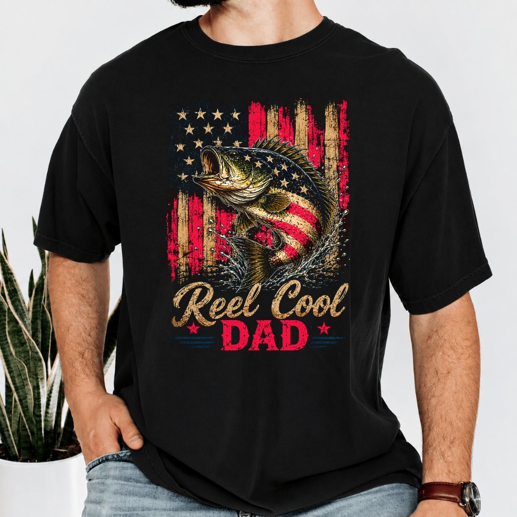 Retro Reel Cool Dad USA Patriotic Fishing Comfort Colors Shirt - America Fishing Gift for Dad - back view