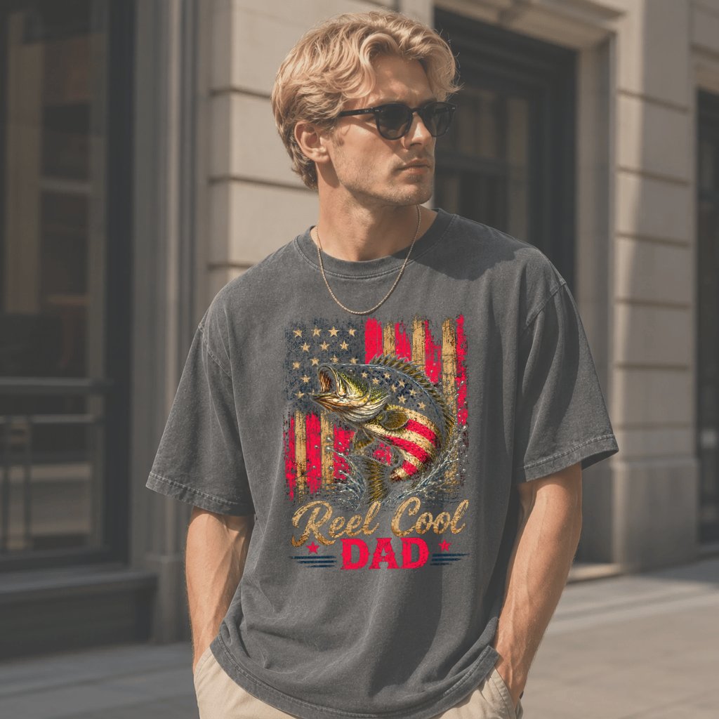 Retro Reel Cool Dad USA Patriotic Fishing Comfort Colors Shirt - America Fishing Gift for Dad - detail view