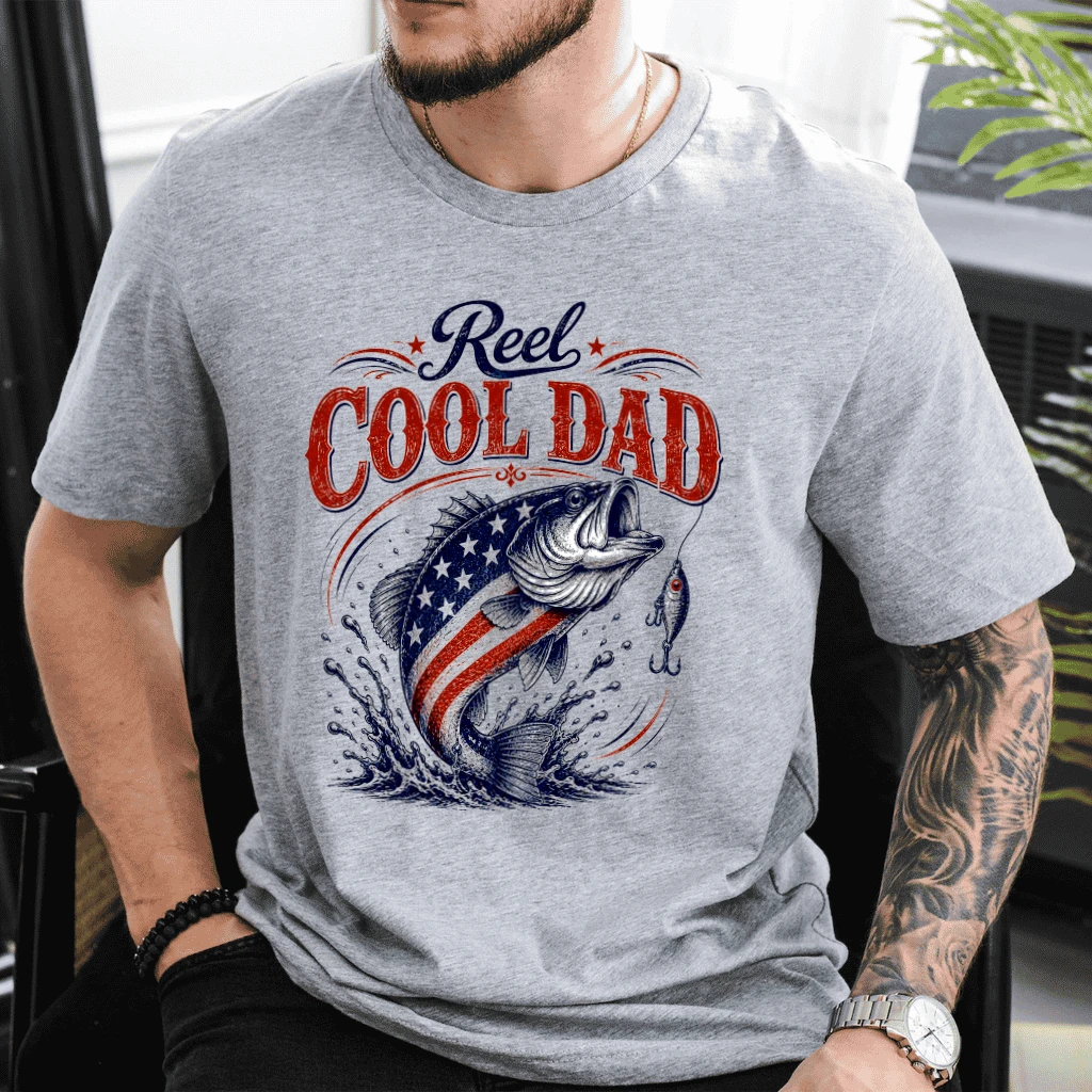 Retro Reel Cool Dad America Bass Fishing T-Shirt - Patriotic Fishing Gift for Dad - back view