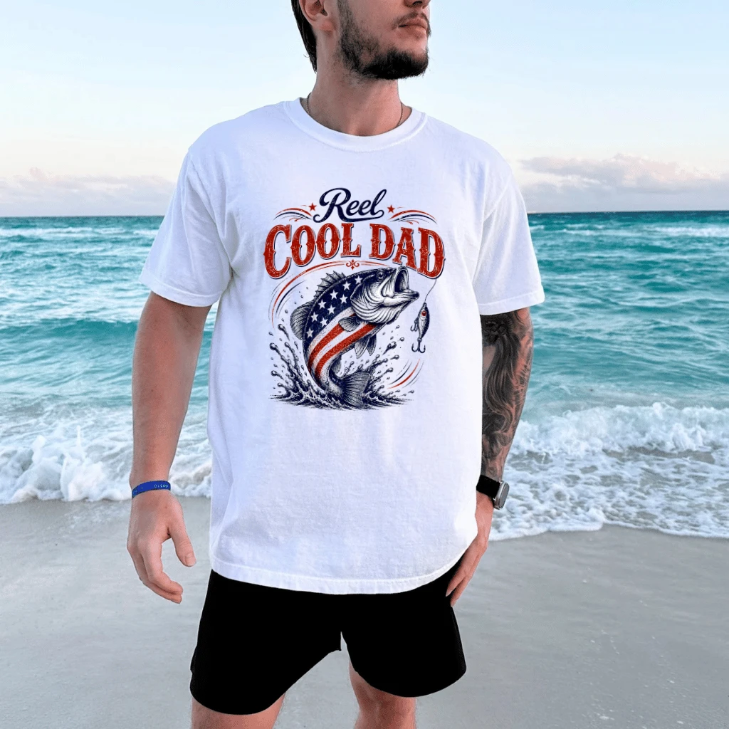 Retro Reel Cool Dad America Bass Fishing T-Shirt - Patriotic Fishing Gift for Dad - detail view