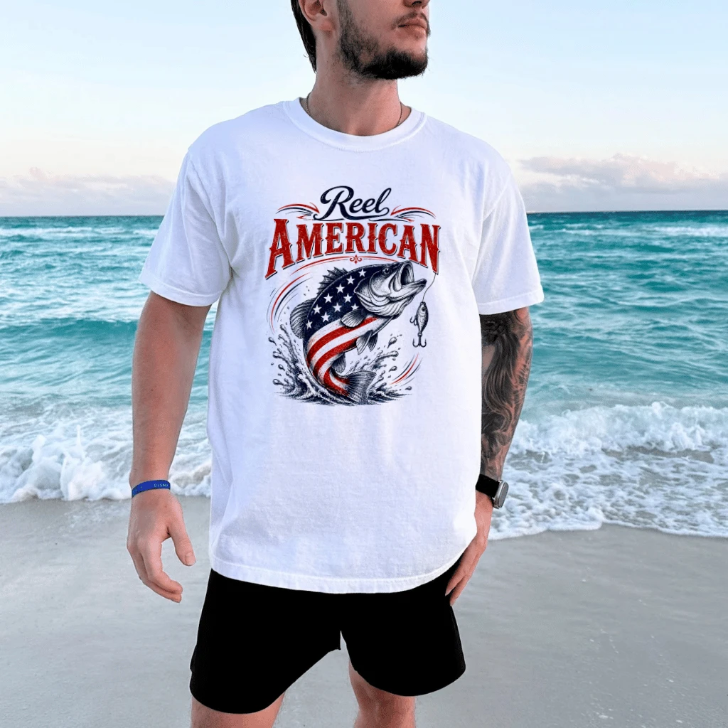 Reel America Cool Dad Fishing T-Shirt - 4th of July Bass Fishing Gift for Him - detail view