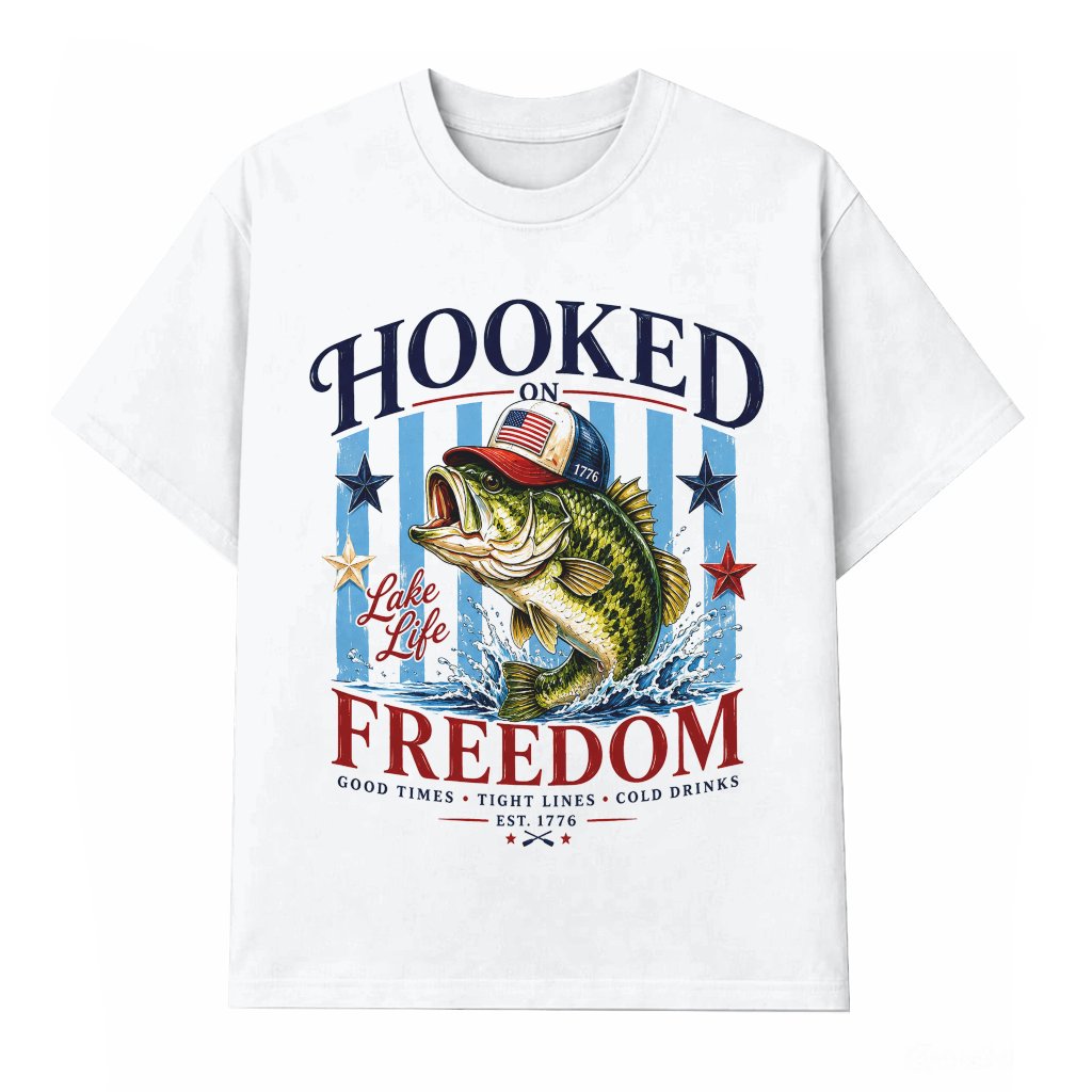 Patriotic Bass Fishing T-Shirt - Hooked on Freedom American Flag Fish Gift for Him - front view