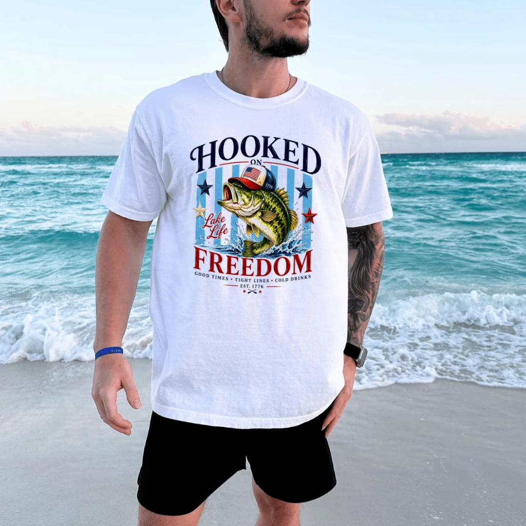 Patriotic Bass Fishing T-Shirt - Hooked on Freedom American Flag Fish Gift for Him - back view
