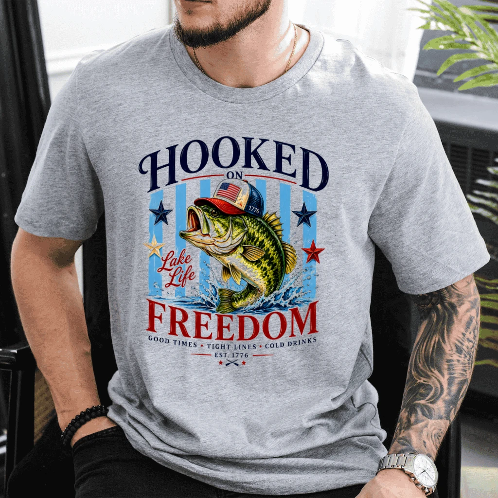 Patriotic Bass Fishing T-Shirt - Hooked on Freedom American Flag Fish Gift for Him - detail view