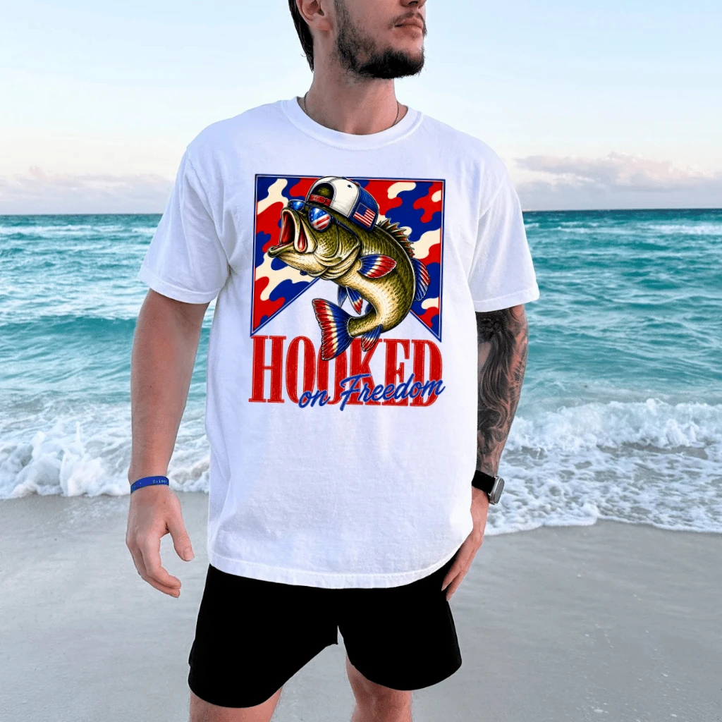 Hooked On Freedom Camouflage USA Patriotic Fishing T-Shirt - 4th of July Fisherman Gift for Him - back view