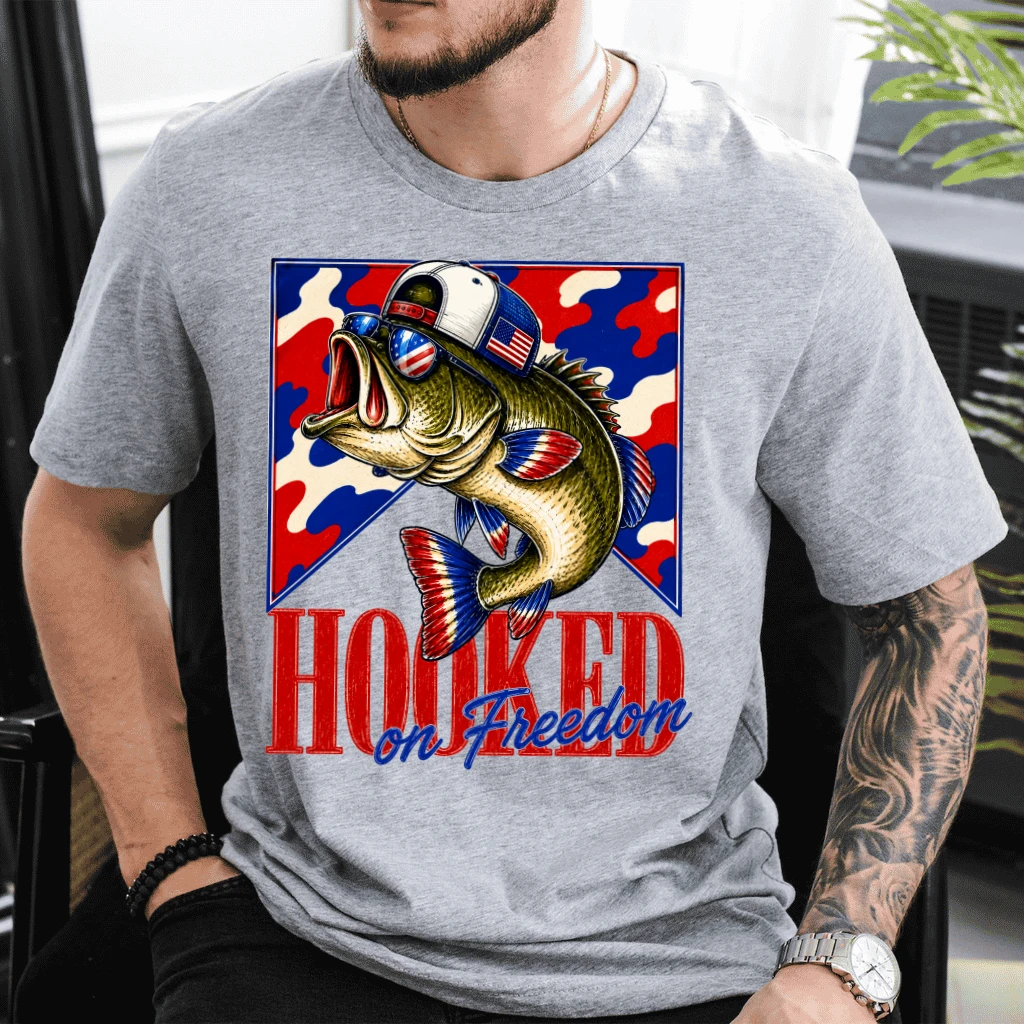 Hooked On Freedom Camouflage USA Patriotic Fishing T-Shirt - 4th of July Fisherman Gift for Him - detail view