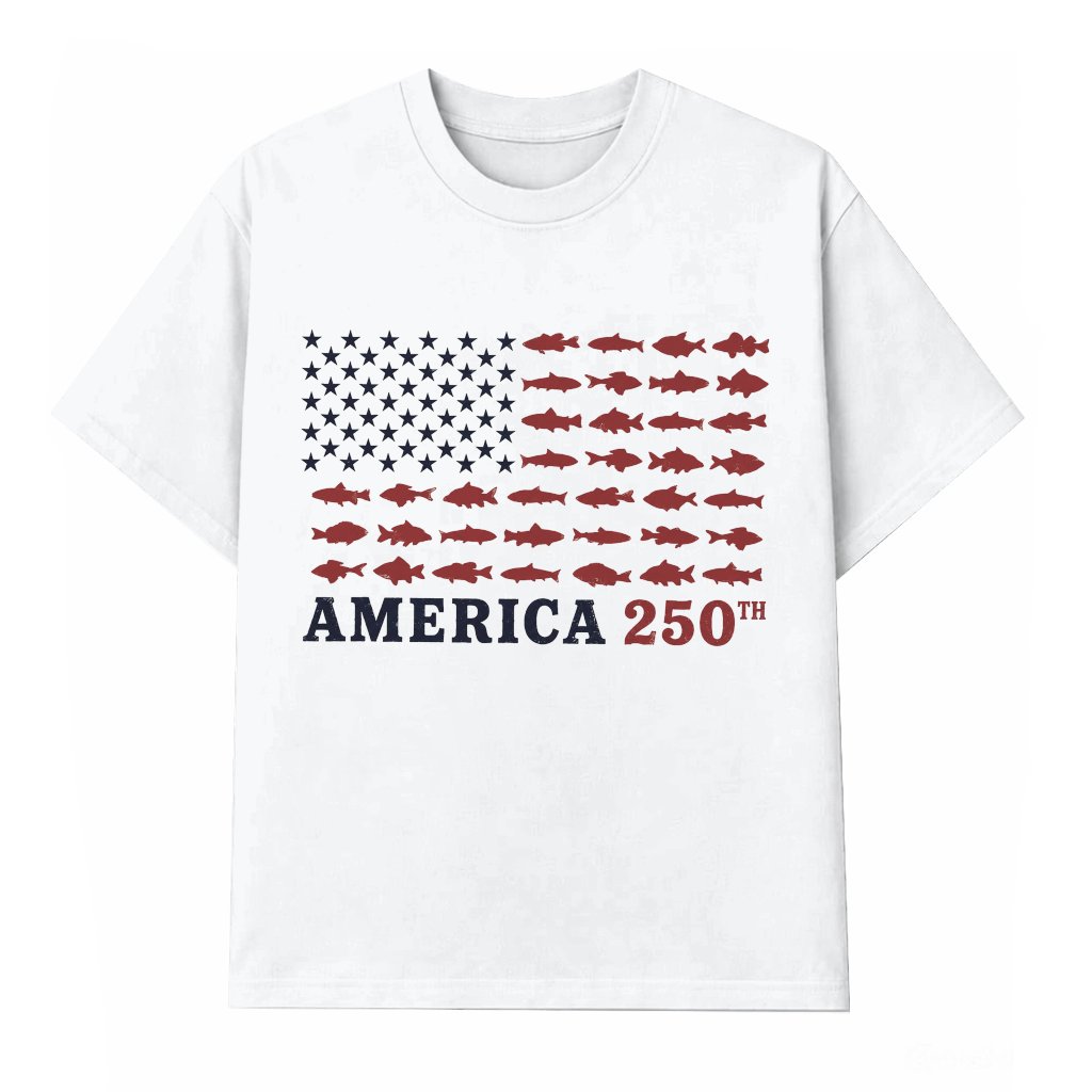 America 250th Fishing Flag T-Shirt - USA 250 Years of Freedom Gift for Fishing Lover - front view
