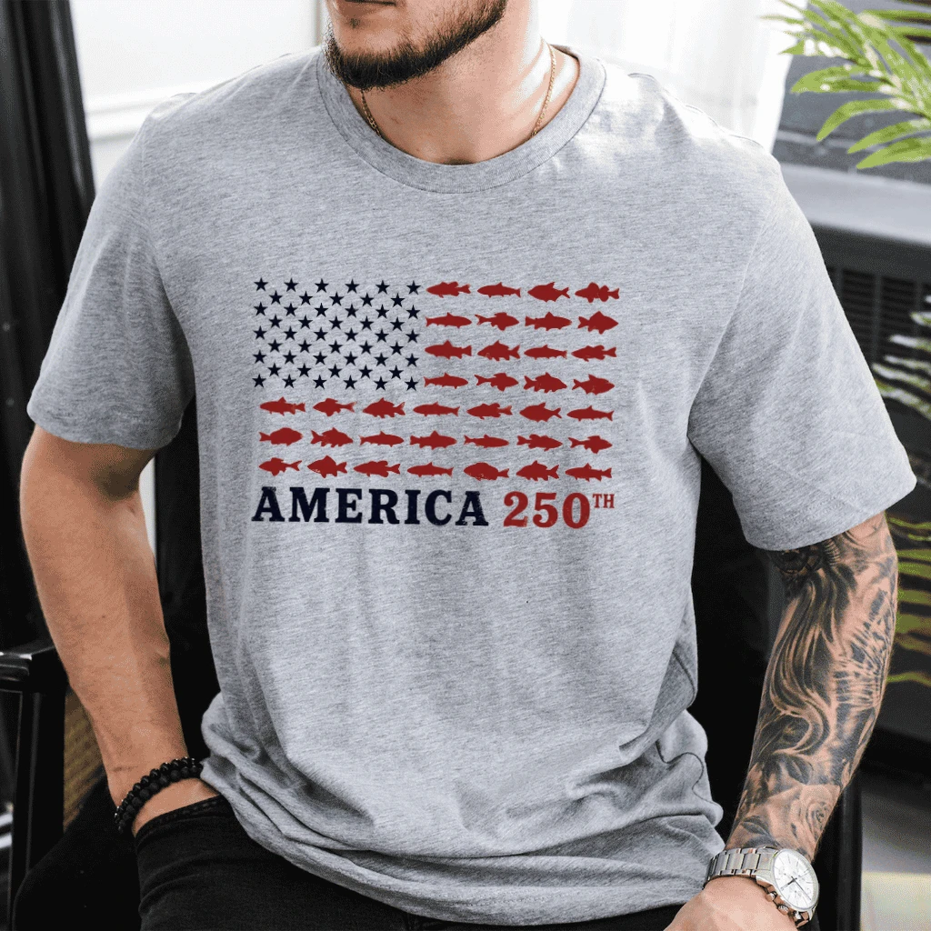 America 250th Fishing Flag T-Shirt - USA 250 Years of Freedom Gift for Fishing Lover - detail view