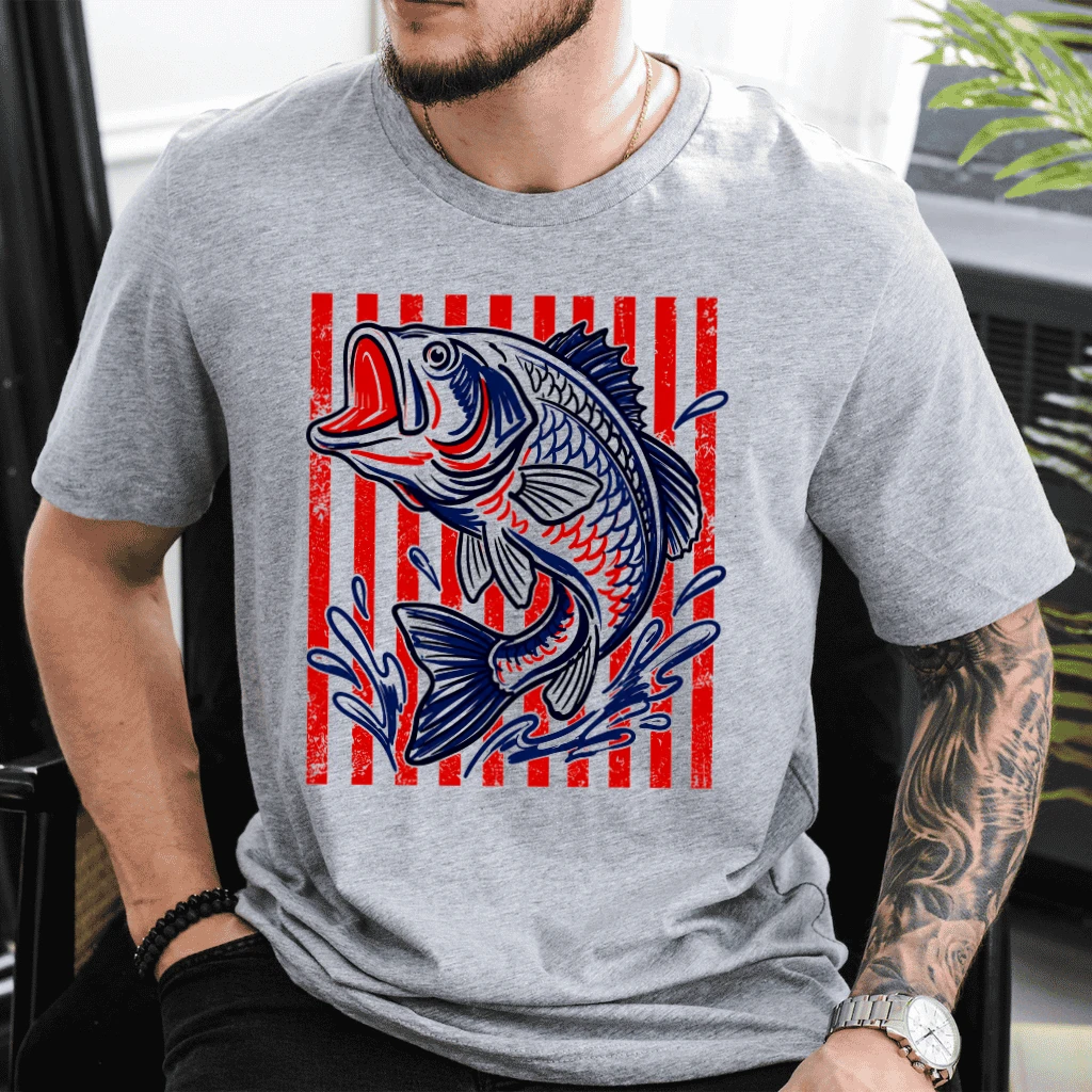 Retro Red Striped Patriotic Fishing T-Shirt - American Fishing 4th of July Gift for Him & Her - back view