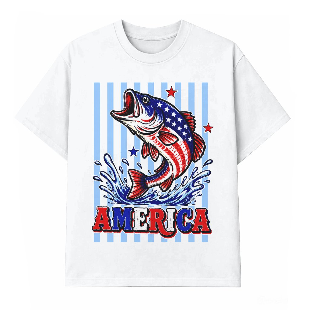 Blue Stars and Stripes America Fishing T-Shirt - Summer Fishing 4th of July Gift for Him & Her - front view