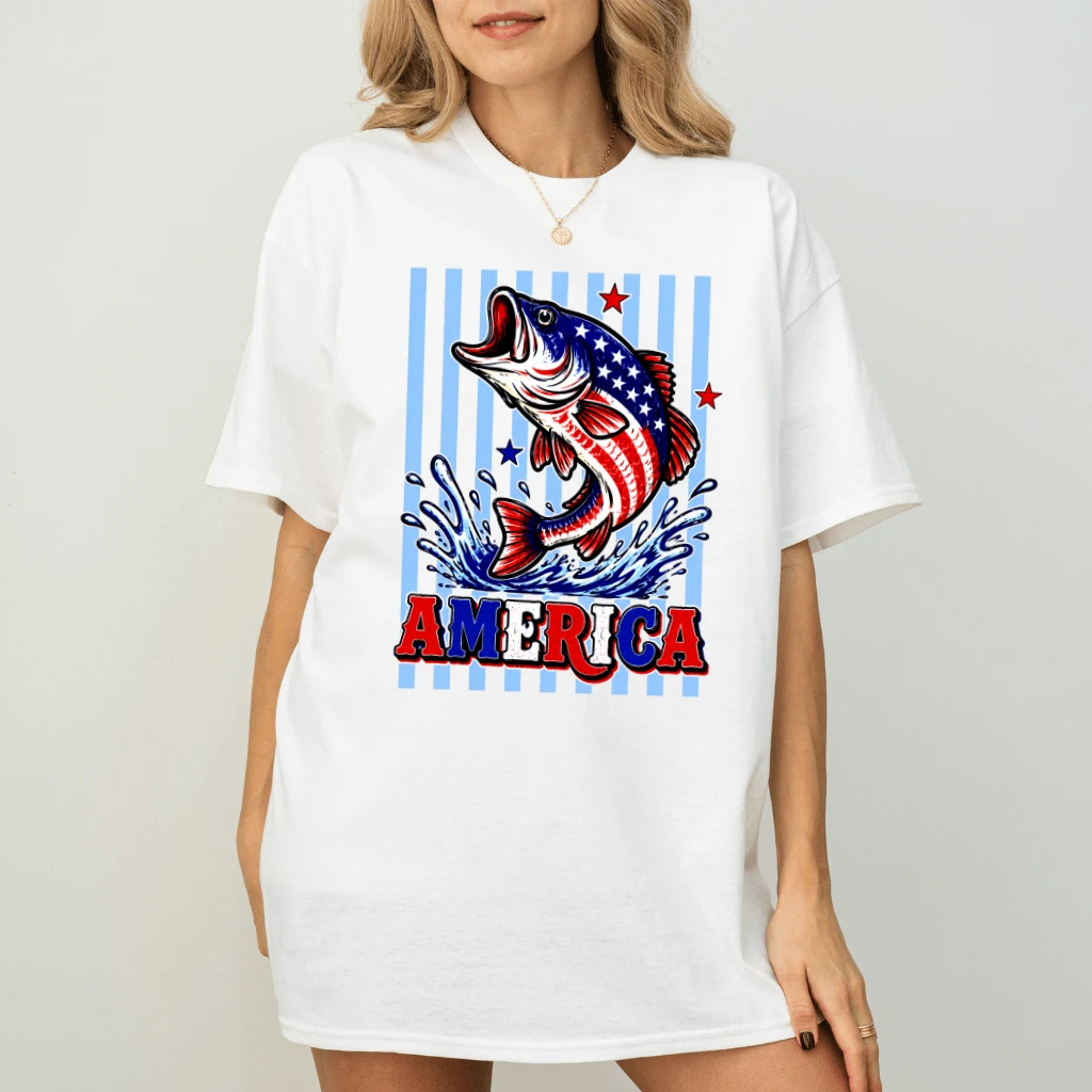 Blue Stars and Stripes America Fishing T-Shirt - Summer Fishing 4th of July Gift for Him & Her - back view