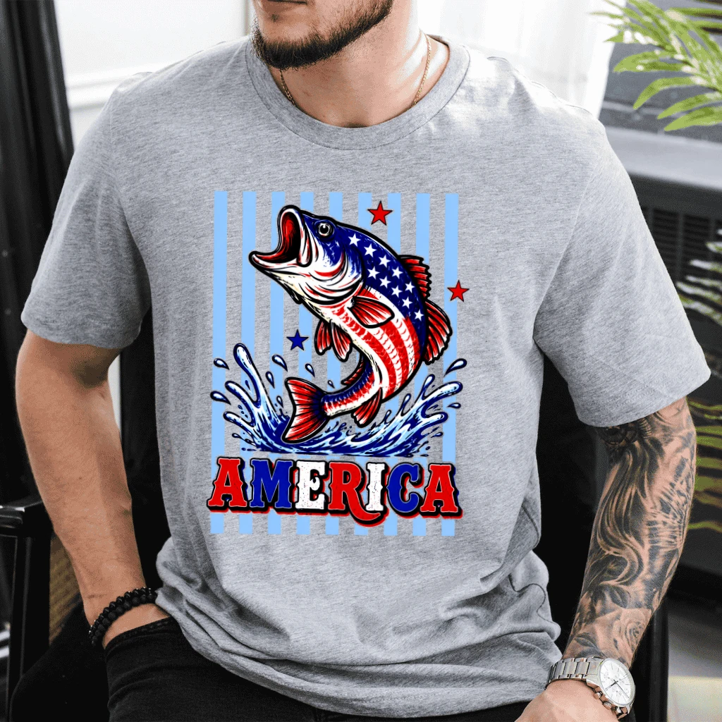 Blue Stars and Stripes America Fishing T-Shirt - Summer Fishing 4th of July Gift for Him & Her - detail view