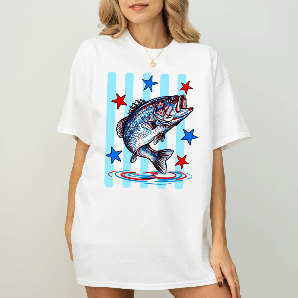 Blue Stars and Stripes Bass Fishing T-Shirt - Summer Fishing Gift for Him & Her - back view