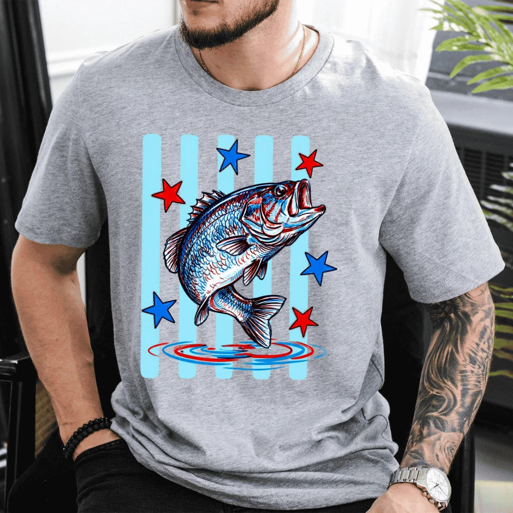 Blue Stars and Stripes Bass Fishing T-Shirt - Summer Fishing Gift for Him & Her - detail view