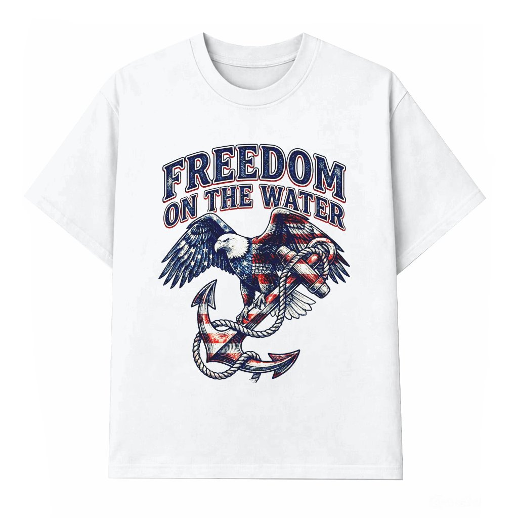 Freedom On The Water Patriotic Eagle Fishing T-Shirt - 4th of July Gift for Him & Her - front view