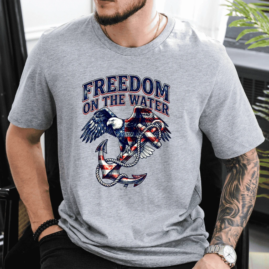 Freedom On The Water Patriotic Eagle Fishing T-Shirt - 4th of July Gift for Him & Her - back view