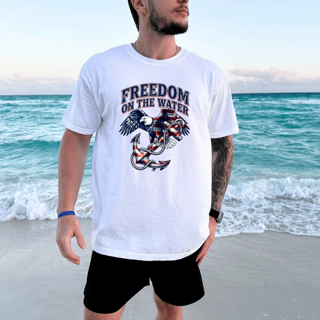 Freedom On The Water Patriotic Eagle Fishing T-Shirt - 4th of July Gift for Him & Her - detail view
