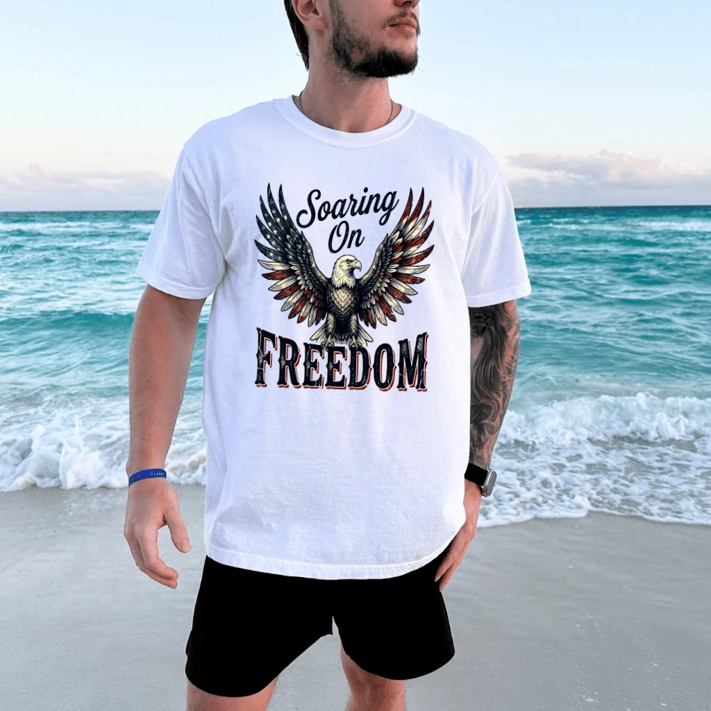 Soaring On Freedom American Eagle T-Shirt - USA 4th of July Patriotic Gift for Him & Her - detail view