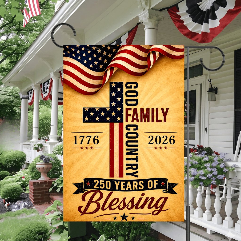 American Faith Patriotic 250th Anniversary Flag - God Family Country Cross Banner Gift for Independence Day - detail view