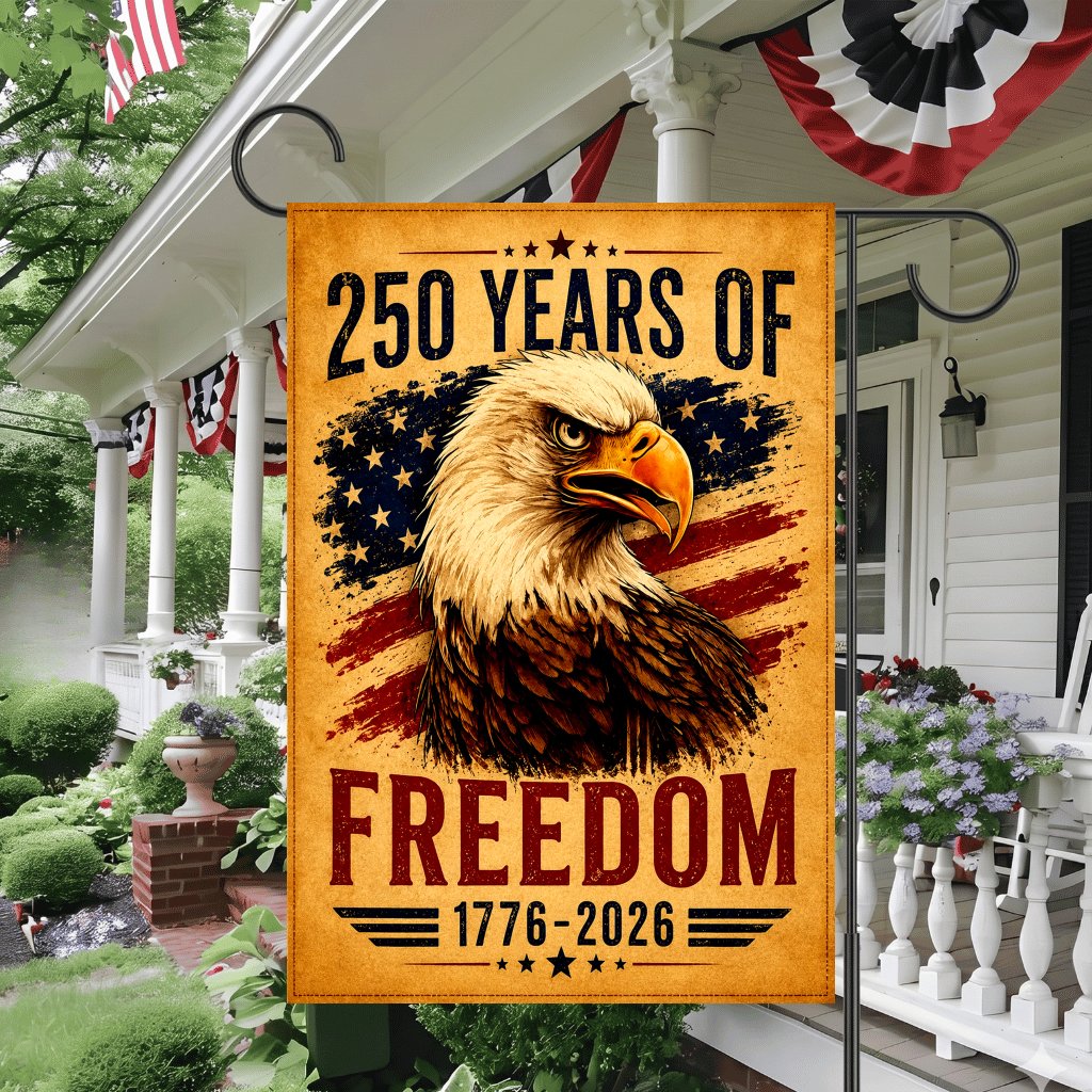 250 Years of Freedom Garden Flag - Patriotic Eagle Yard Banner - Gift for Independence Day - detail view