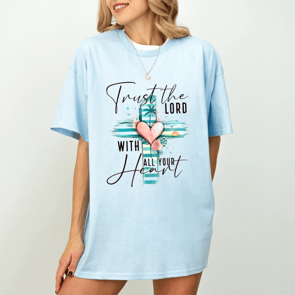 Summer Bible Cross Trust The Lord Christian T-Shirt – Faith Gift Inspiring Bible Verse - detail view