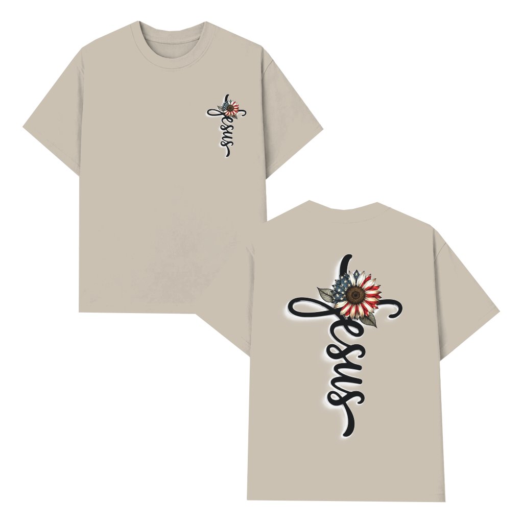 USA Flag Sunflower Jesus T-Shirt - Christian Faith Gift for 4th of July - front view