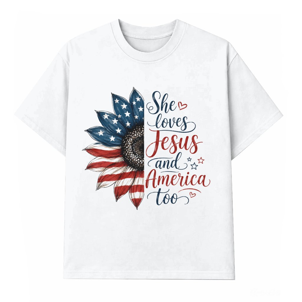 She Loves Jesus and America Sunflower USA Flag T-Shirt - Cute 4th of July Patriotic Gift for Her - front view