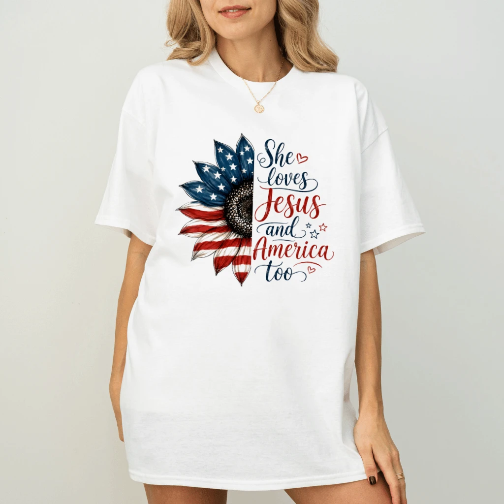 She Loves Jesus and America Sunflower USA Flag T-Shirt - Cute 4th of July Patriotic Gift for Her - back view